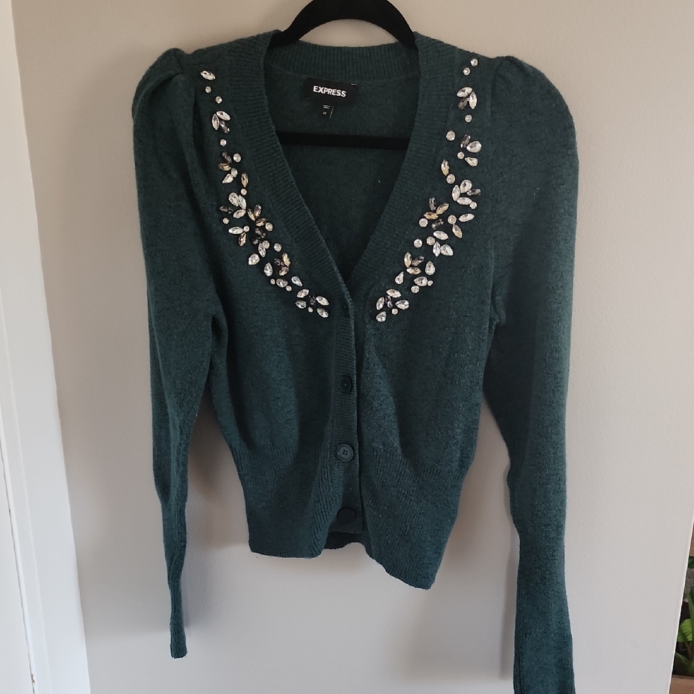 Express Emerald Green Jeweled V-Neck Cardigan